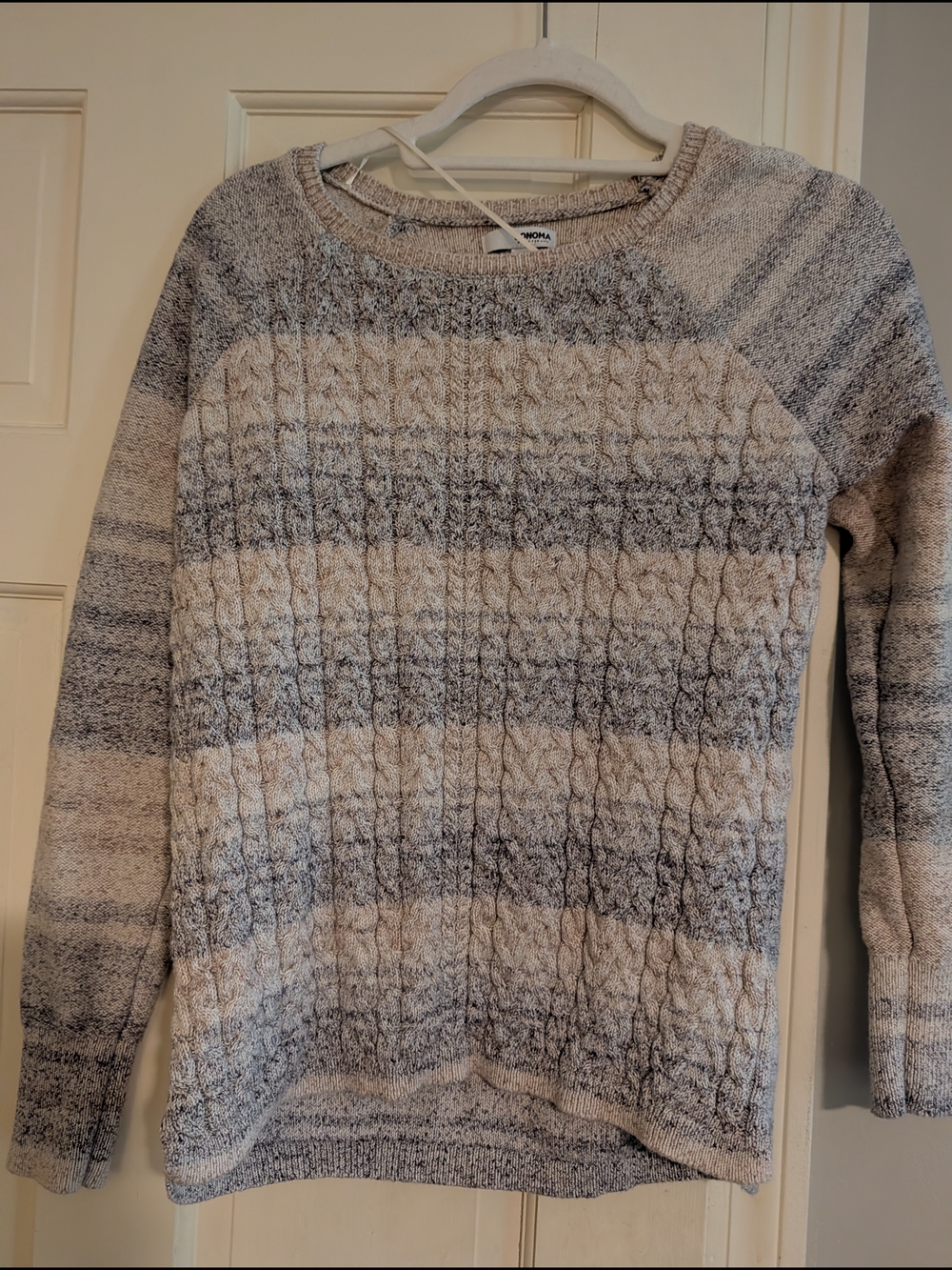 Sonoma Striped Cable Knit Crewneck Sweater in Beige and Gray
